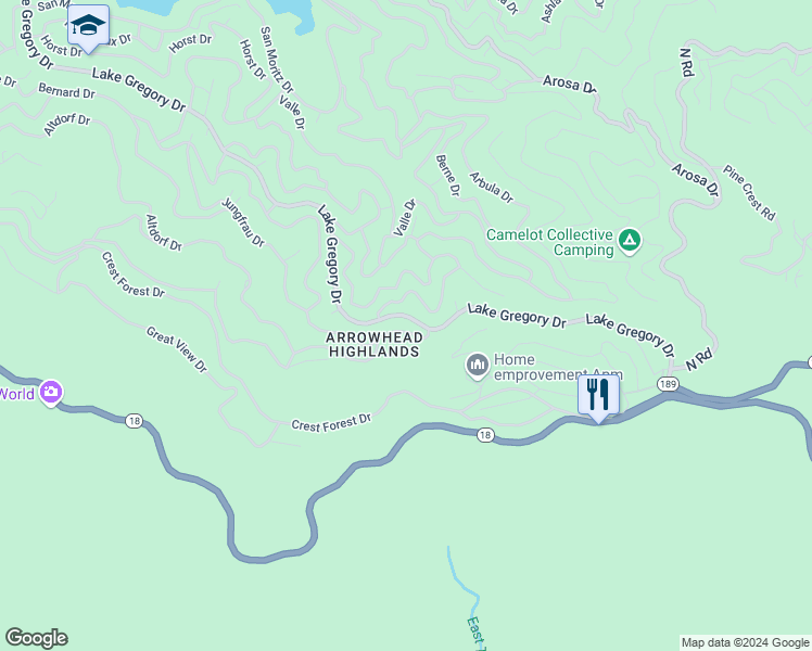 map of restaurants, bars, coffee shops, grocery stores, and more near 24798 Bernard Drive in Crestline
