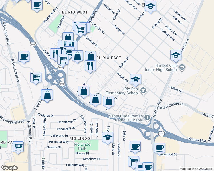 map of restaurants, bars, coffee shops, grocery stores, and more near 2576 Balboa Street in Oxnard