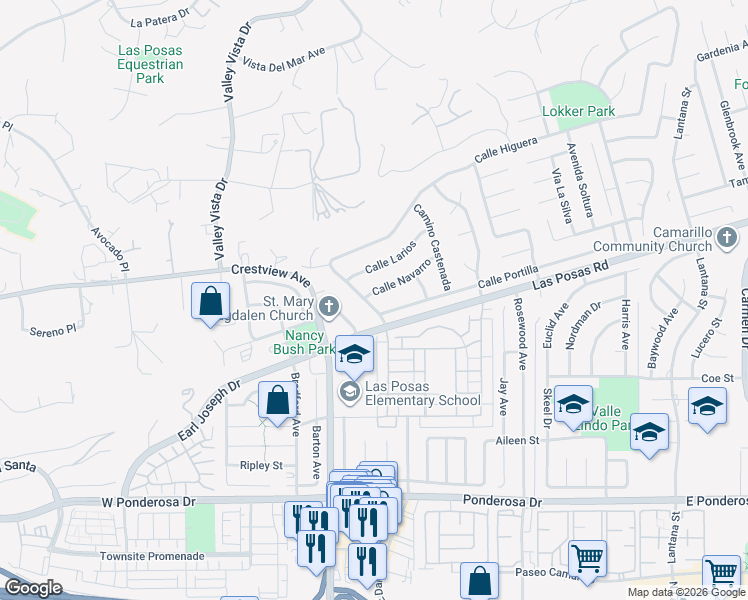 map of restaurants, bars, coffee shops, grocery stores, and more near 84 Camino La Madera in Camarillo