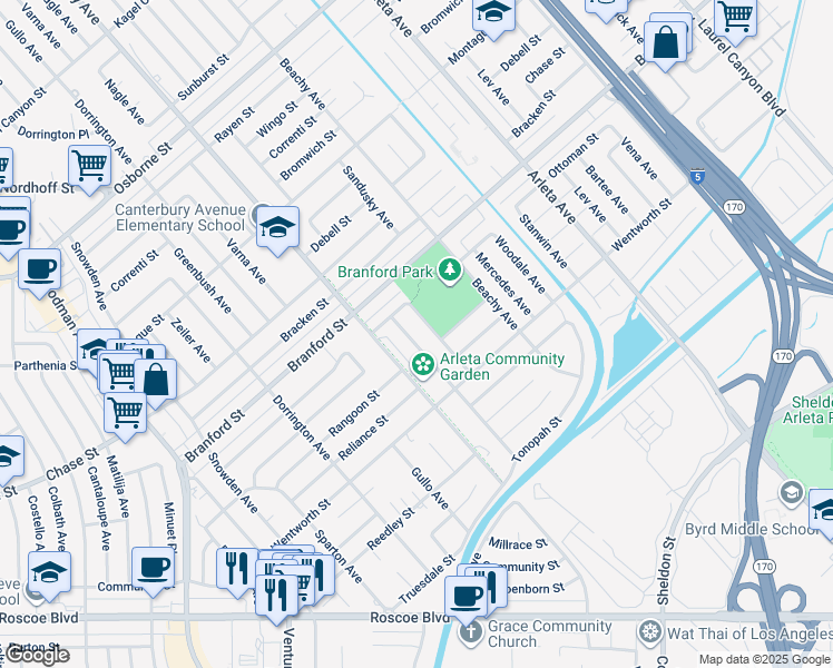 map of restaurants, bars, coffee shops, grocery stores, and more near 8854 Roslyndale Avenue in Los Angeles