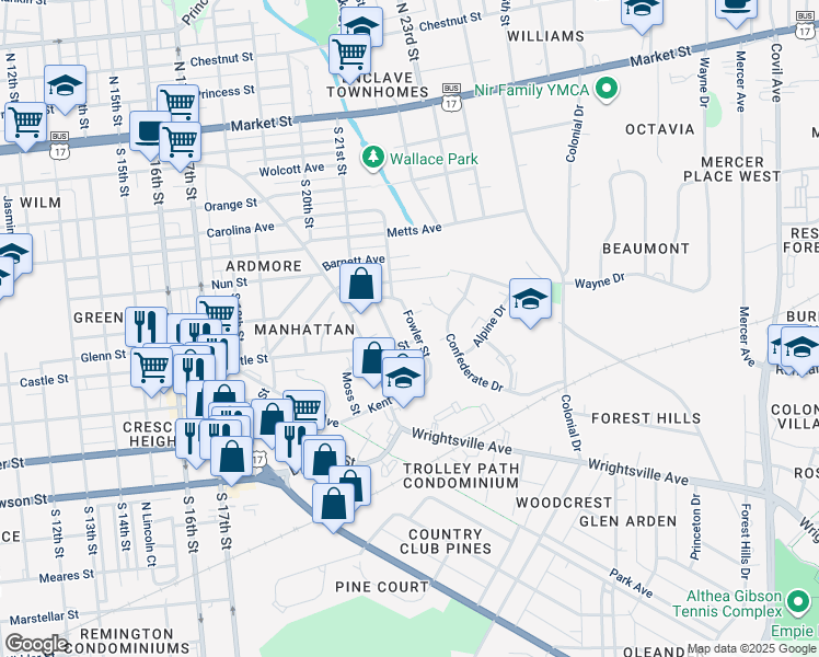 map of restaurants, bars, coffee shops, grocery stores, and more near 2130 Fowler Street in Wilmington