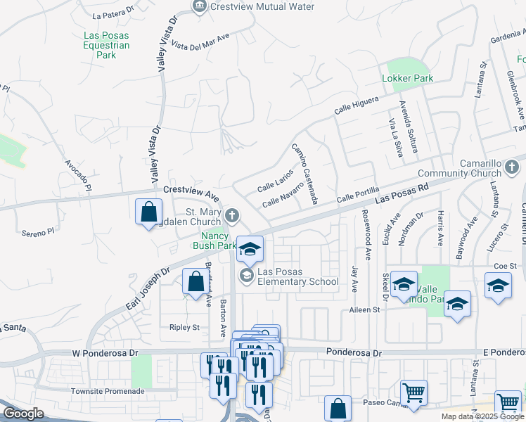 map of restaurants, bars, coffee shops, grocery stores, and more near 84 Camino La Madera in Camarillo