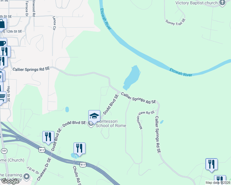 map of restaurants, bars, coffee shops, grocery stores, and more near 9B Dodd Boulevard Southeast in Rome