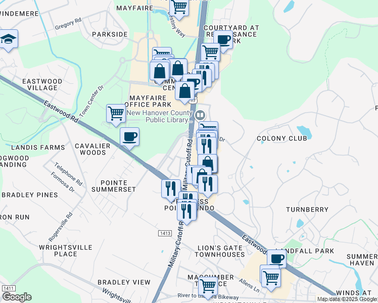 map of restaurants, bars, coffee shops, grocery stores, and more near 1325 Military Cutoff Road in Wilmington