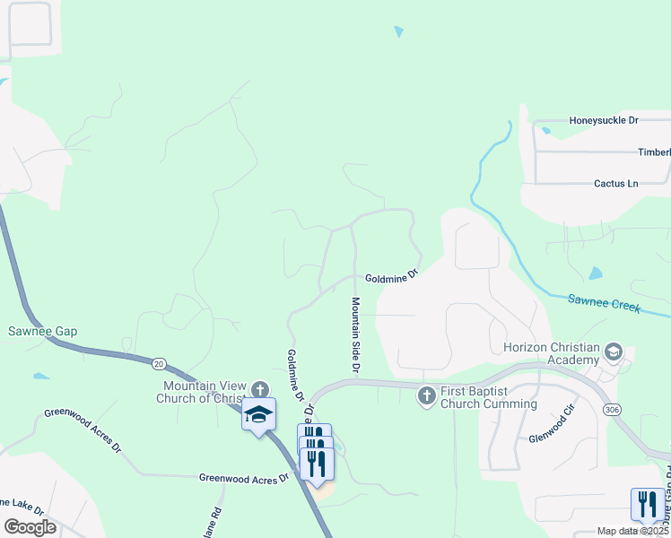 map of restaurants, bars, coffee shops, grocery stores, and more near 2025 Goldmine Drive in Cumming