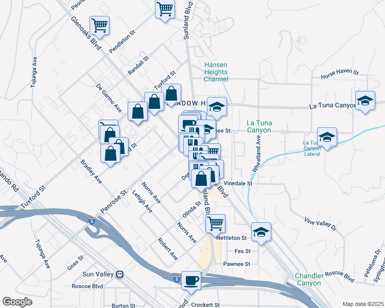 map of restaurants, bars, coffee shops, grocery stores, and more near 10828 Goss Street in Los Angeles