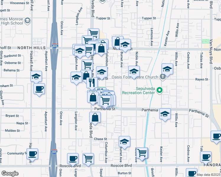 map of restaurants, bars, coffee shops, grocery stores, and more near 15257 Acre Street in Los Angeles