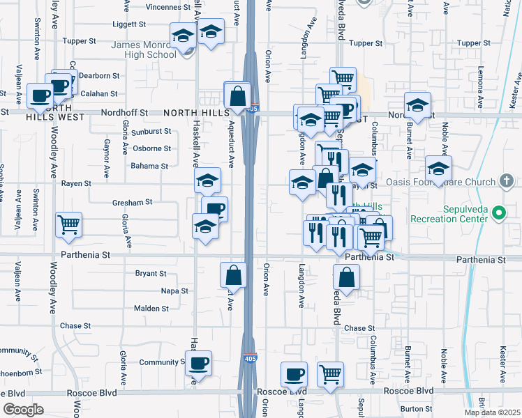 map of restaurants, bars, coffee shops, grocery stores, and more near 8761 Orion Avenue in Los Angeles