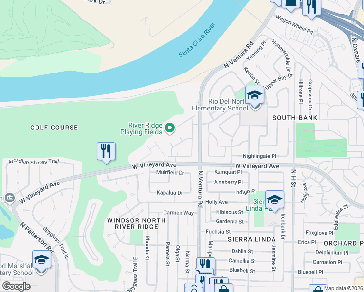 map of restaurants, bars, coffee shops, grocery stores, and more near 1611 Mulligan Street in Oxnard