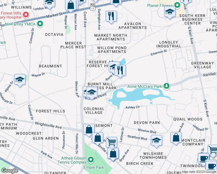 map of restaurants, bars, coffee shops, grocery stores, and more near 3200-3264 Randall Parkway in Wilmington