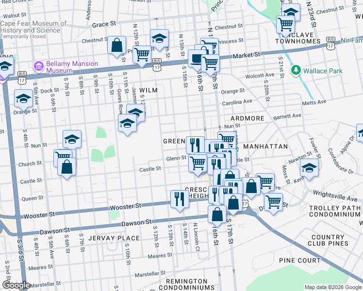map of restaurants, bars, coffee shops, grocery stores, and more near 1317 Glenn Street in Wilmington