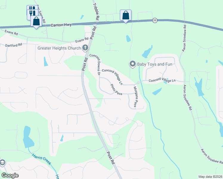 map of restaurants, bars, coffee shops, grocery stores, and more near 5225 Pinto Pass in Cumming