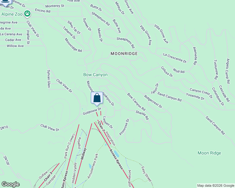 map of restaurants, bars, coffee shops, grocery stores, and more near 43336 Shasta Road in Big Bear Lake