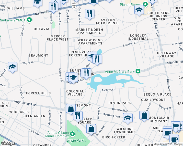 map of restaurants, bars, coffee shops, grocery stores, and more near 3264 Randall Parkway in Wilmington