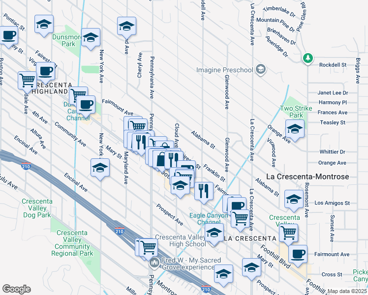 map of restaurants, bars, coffee shops, grocery stores, and more near 4613 Hume Avenue in La Crescenta-Montrose