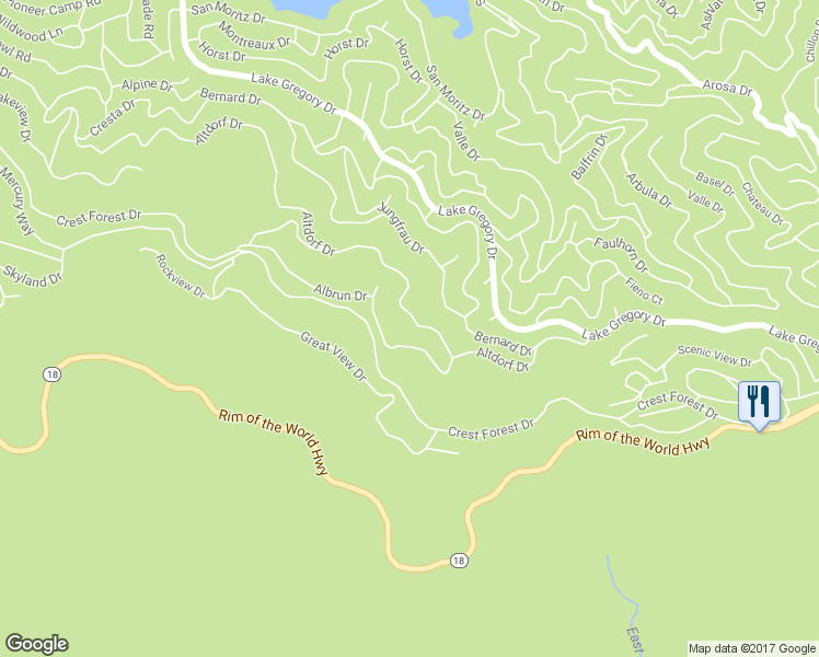 map of restaurants, bars, coffee shops, grocery stores, and more near 24583 Altdorf Drive in Crestline