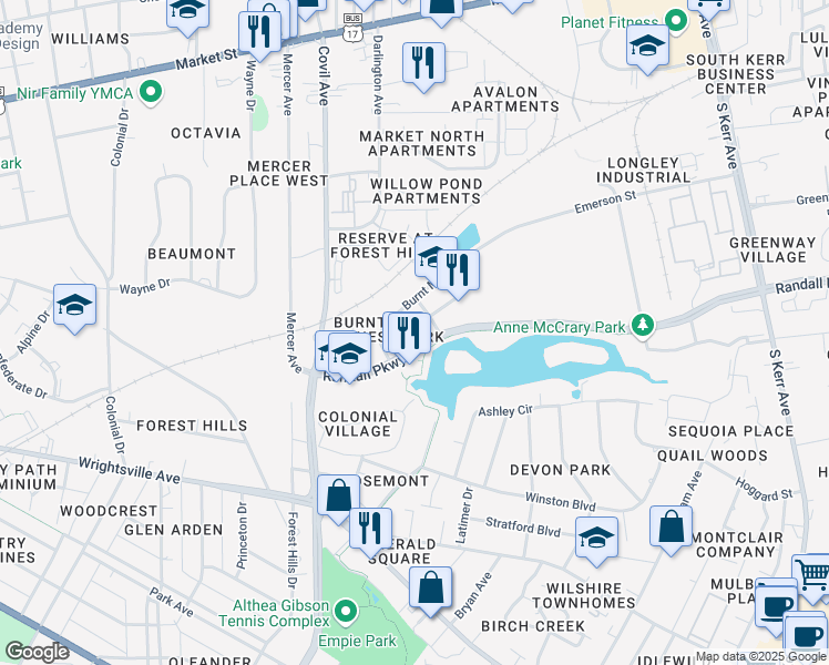 map of restaurants, bars, coffee shops, grocery stores, and more near 3205 Randall Parkway in Wilmington