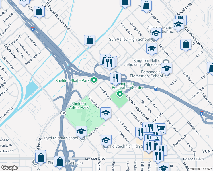 map of restaurants, bars, coffee shops, grocery stores, and more near 8879 Morehart Avenue in Los Angeles