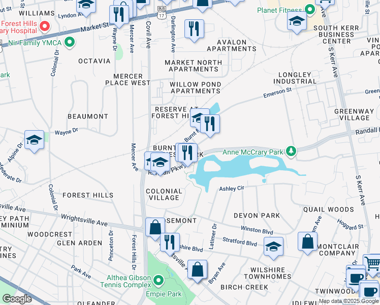 map of restaurants, bars, coffee shops, grocery stores, and more near 3205 Randall Parkway in Wilmington