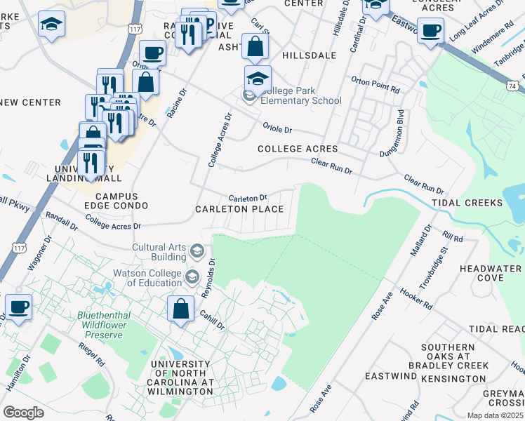 map of restaurants, bars, coffee shops, grocery stores, and more near 5006 Carleton Drive in Wilmington