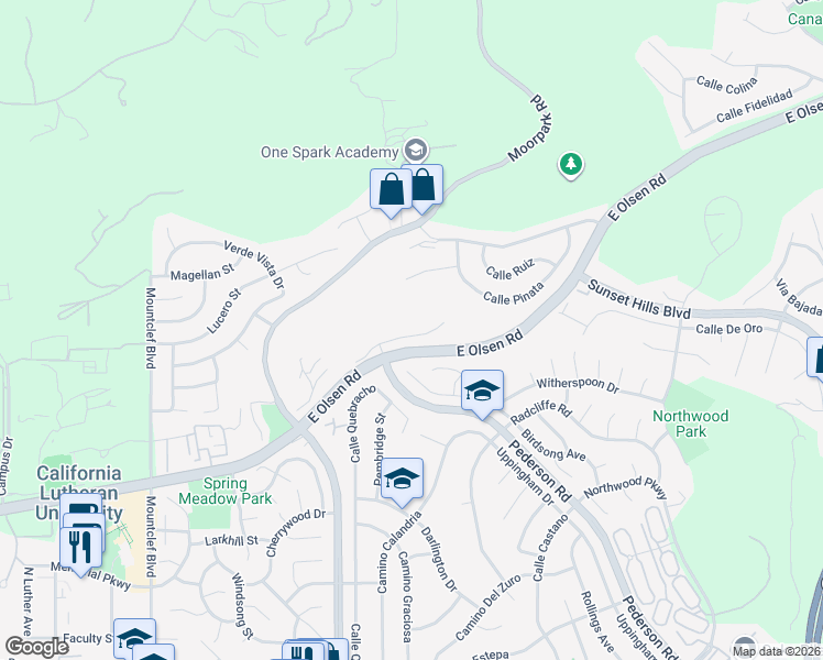 map of restaurants, bars, coffee shops, grocery stores, and more near 705 Rushing Creek Place in Thousand Oaks