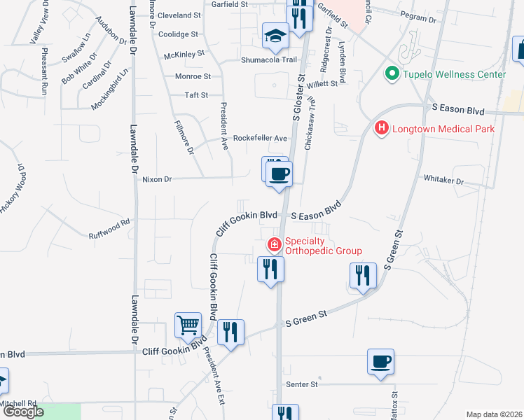 map of restaurants, bars, coffee shops, grocery stores, and more near 1052 Cliff Gookin Boulevard in Tupelo