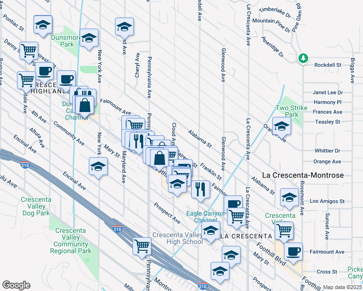 map of restaurants, bars, coffee shops, grocery stores, and more near 4613 Hume Avenue in La Crescenta-Montrose