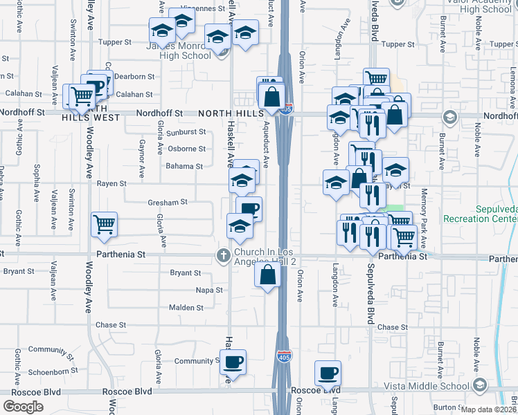 map of restaurants, bars, coffee shops, grocery stores, and more near 15708 Rayen Street in Los Angeles