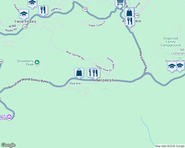 map of restaurants, bars, coffee shops, grocery stores, and more near Bridal Path in Lake Arrowhead