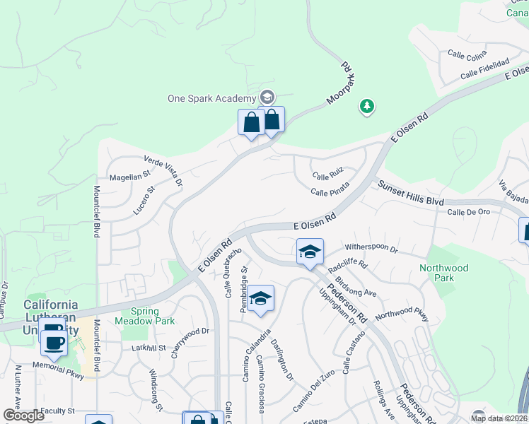 map of restaurants, bars, coffee shops, grocery stores, and more near 705 Rushing Creek Place in Thousand Oaks