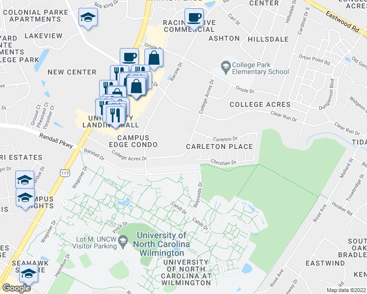 map of restaurants, bars, coffee shops, grocery stores, and more near 4841 College Acres Drive in Wilmington