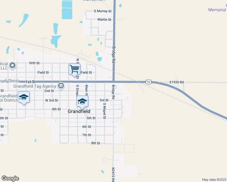 map of restaurants, bars, coffee shops, grocery stores, and more near 201 Bridge Road in Grandfield