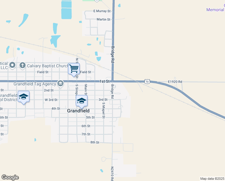map of restaurants, bars, coffee shops, grocery stores, and more near 201 Bridge Road in Grandfield