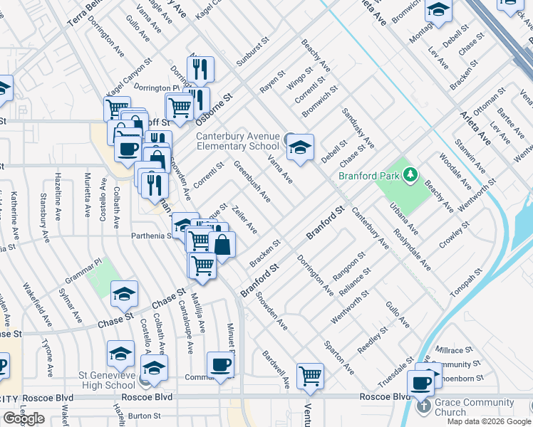 map of restaurants, bars, coffee shops, grocery stores, and more near 8900 Greenbush Avenue in Los Angeles