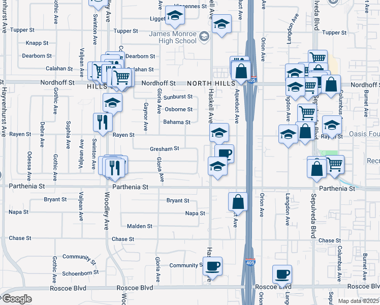 map of restaurants, bars, coffee shops, grocery stores, and more near 15833 Gresham Street in Los Angeles