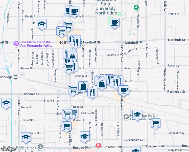 map of restaurants, bars, coffee shops, grocery stores, and more near 18256 Rayen Street in Los Angeles