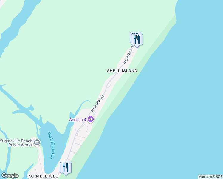 map of restaurants, bars, coffee shops, grocery stores, and more near 2513 North Lumina Avenue in Wrightsville Beach