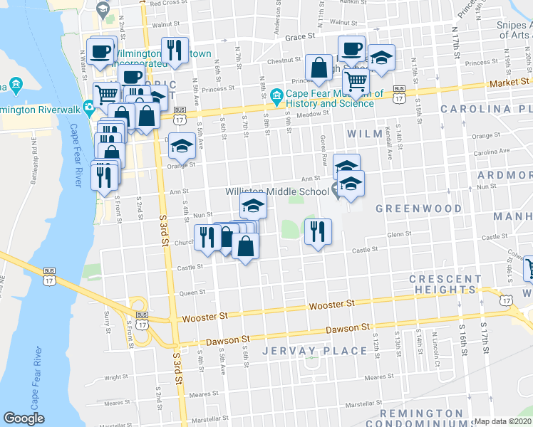 map of restaurants, bars, coffee shops, grocery stores, and more near 317 South 7th Street in Wilmington