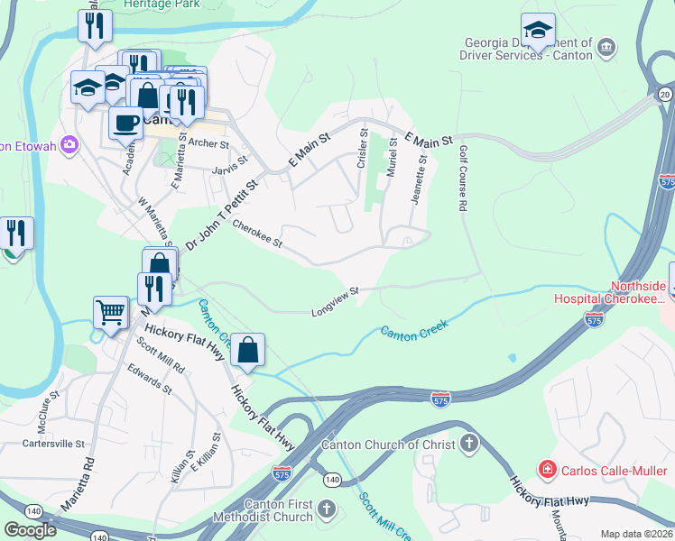map of restaurants, bars, coffee shops, grocery stores, and more near 381 Cherokee Street in Canton