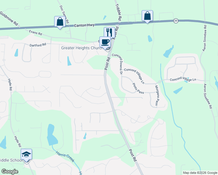 map of restaurants, bars, coffee shops, grocery stores, and more near 3935 Post Road in Cumming