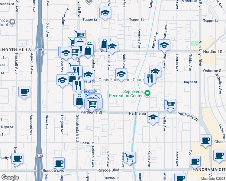 map of restaurants, bars, coffee shops, grocery stores, and more near 8828 Burnet Avenue in Los Angeles