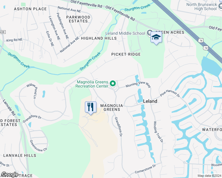 map of restaurants, bars, coffee shops, grocery stores, and more near 143 Bentgreen Drive in Leland