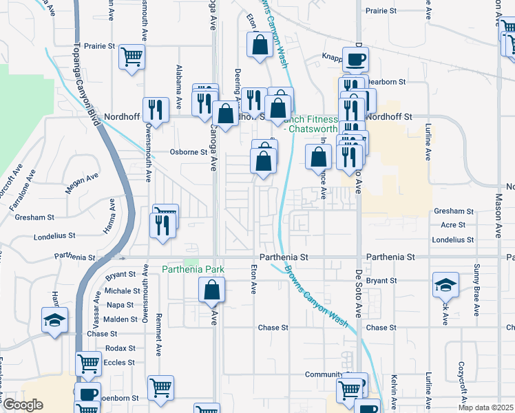 map of restaurants, bars, coffee shops, grocery stores, and more near 8800 Eton Avenue in Los Angeles