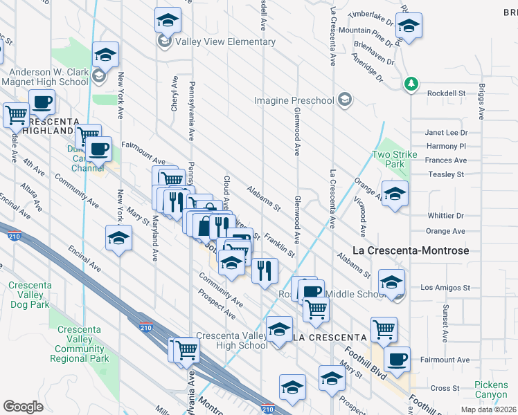 map of restaurants, bars, coffee shops, grocery stores, and more near 3016 Alabama Street in La Crescenta-Montrose
