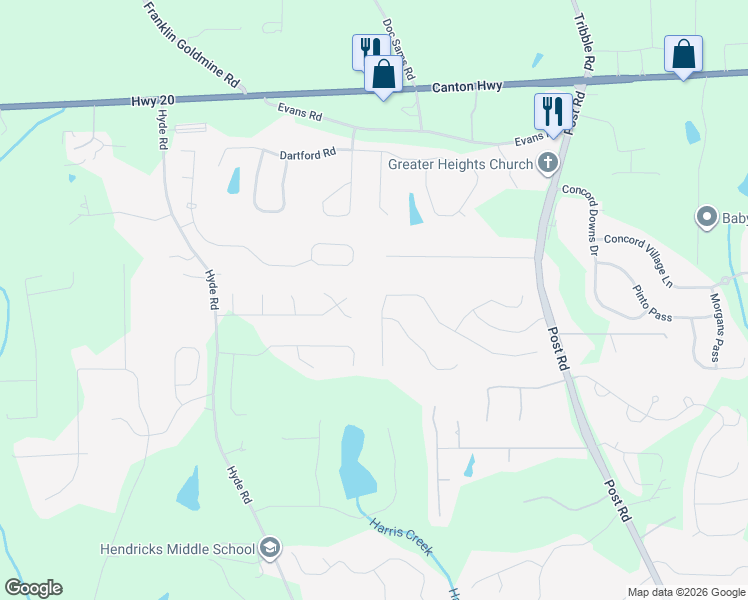 map of restaurants, bars, coffee shops, grocery stores, and more near 4320 Martel Drive in Cumming