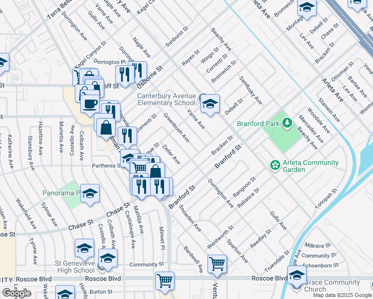 map of restaurants, bars, coffee shops, grocery stores, and more near 8900 Greenbush Avenue in Los Angeles