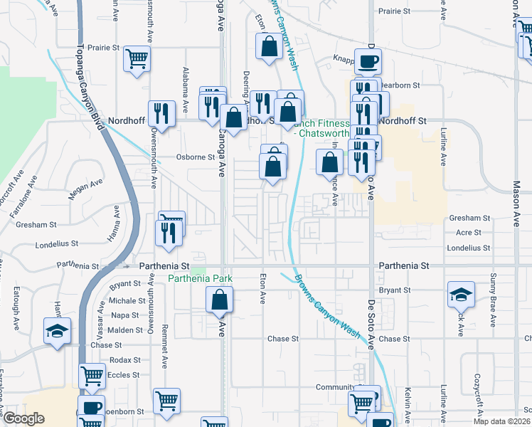 map of restaurants, bars, coffee shops, grocery stores, and more near 8800 Eton Avenue in Los Angeles