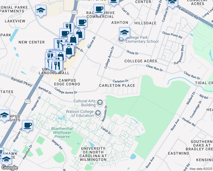 map of restaurants, bars, coffee shops, grocery stores, and more near 5006 Carleton Drive in Wilmington