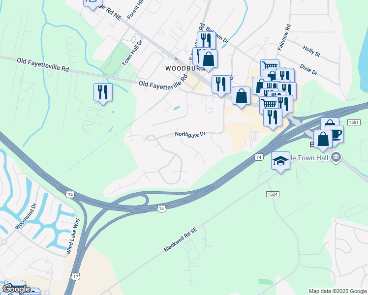 map of restaurants, bars, coffee shops, grocery stores, and more near 1013 Stony Woods Drive in Leland
