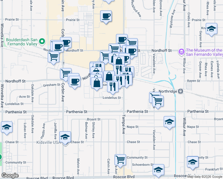 map of restaurants, bars, coffee shops, grocery stores, and more near 19350 Business Center Drive in Los Angeles